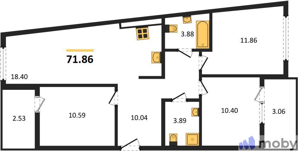 3-комнатная квартира, 71.9 м²