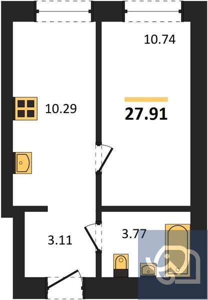 1-комнатная квартира, 27.9 м²
