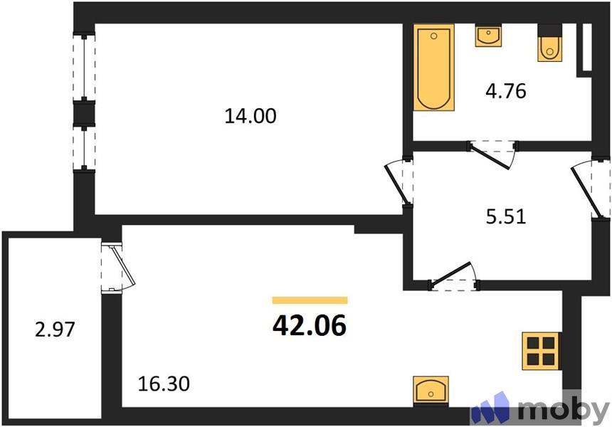 1-комнатная квартира, 42.1 м²