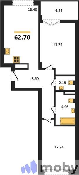 2-комнатная квартира, 60.6 м²