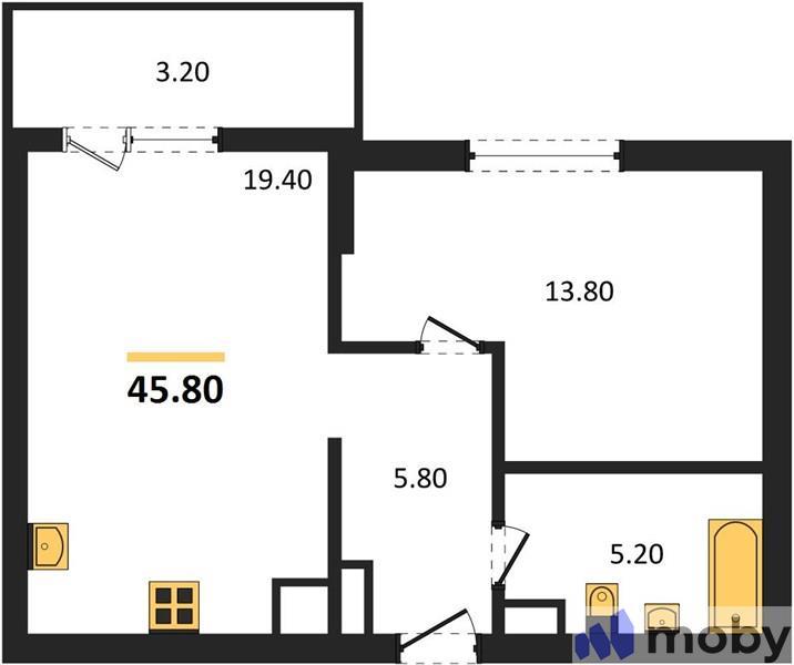 1-комнатная квартира, 45.8 м²