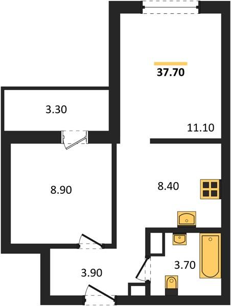 2-комнатная квартира, 37.7 м²