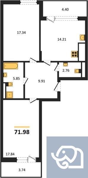 2-комнатная квартира, 73.2 м²
