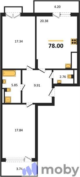 2-комнатная квартира, 78.0 м²