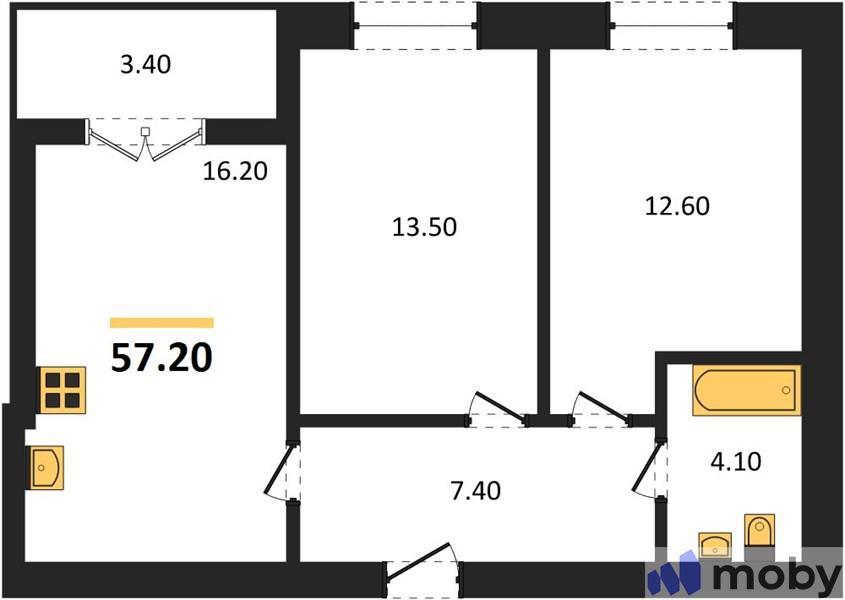 2-комнатная квартира, 57.2 м²