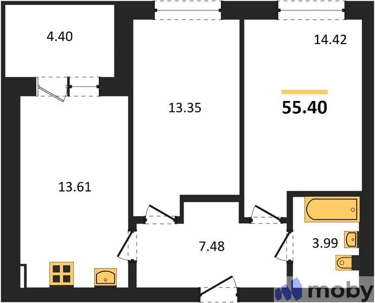 2-комнатная квартира, 55.4 м²