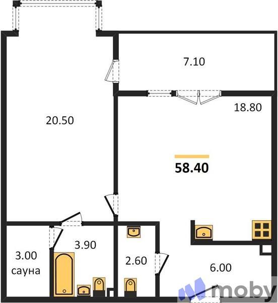 1-комнатная квартира, 58.4 м²