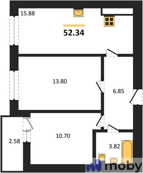 2-комнатная квартира, 53.6 м²