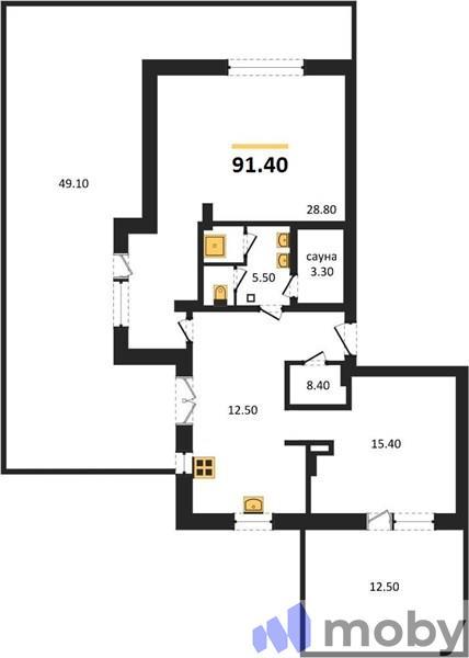 2-комнатная квартира, 91.4 м²