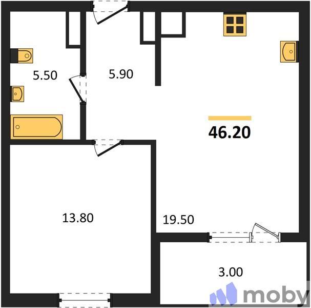 1-комнатная квартира, 46.2 м²