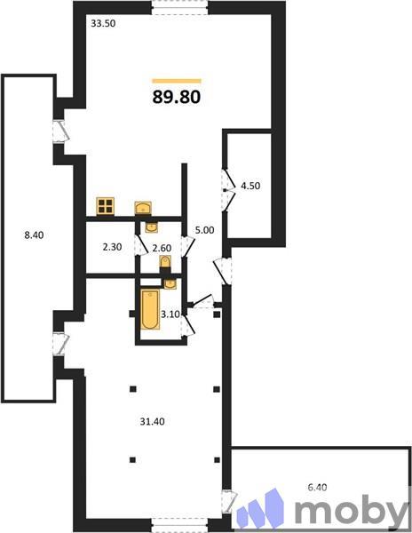 1-комнатная квартира, 89.8 м²