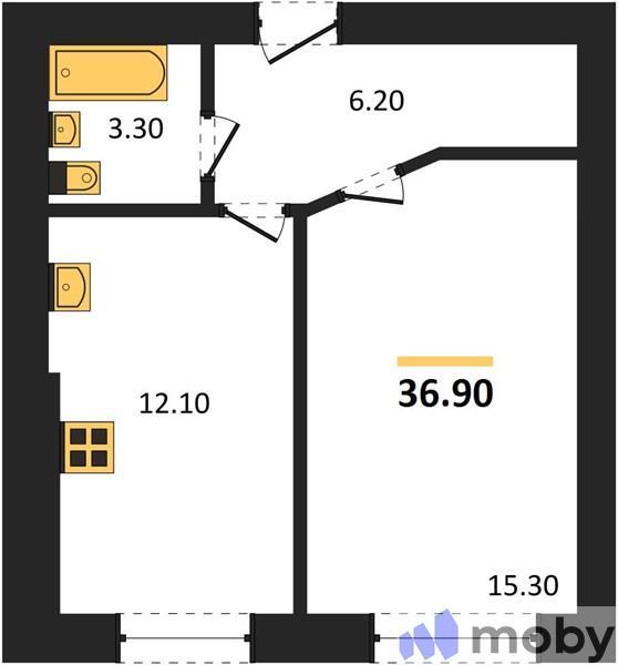 1-комнатная квартира, 36.9 м²