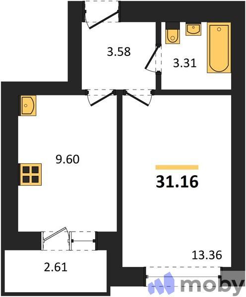 1-комнатная квартира, 31.2 м²