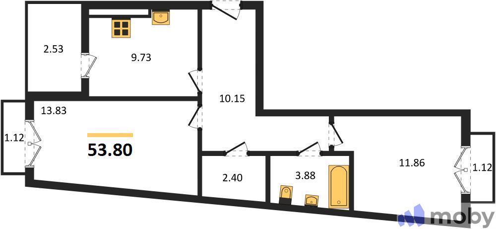 2-комнатная квартира, 53.8 м²