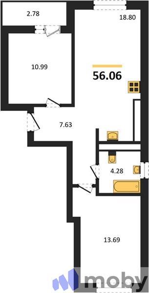 2-комнатная квартира, 56.1 м²