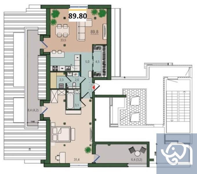 1-комнатная квартира, 89.8 м²