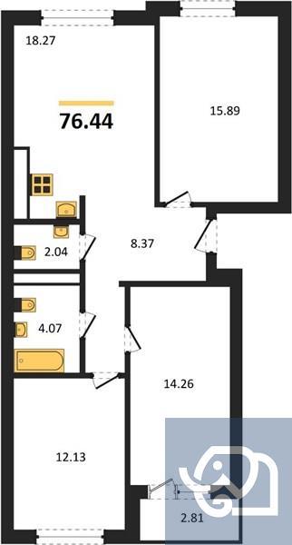 3-комнатная квартира, 76.4 м²
