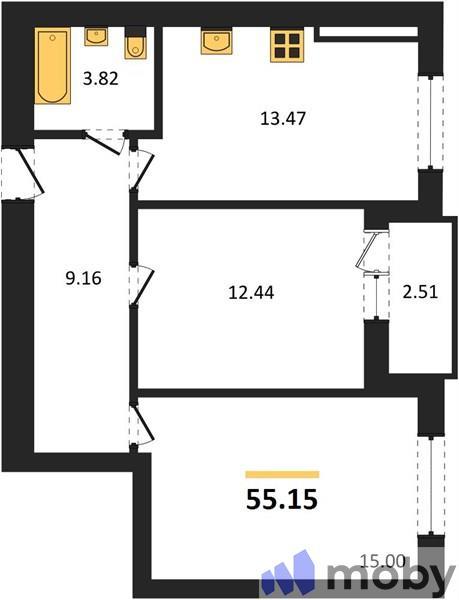 2-комнатная квартира, 55.2 м²