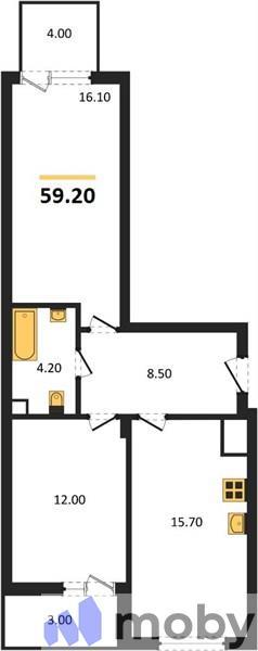 2-комнатная квартира, 59.2 м²