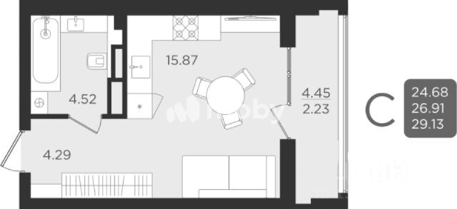 1-комнатная квартира, 28.0 м²
