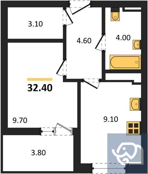 1-комнатная квартира, 32.4 м²