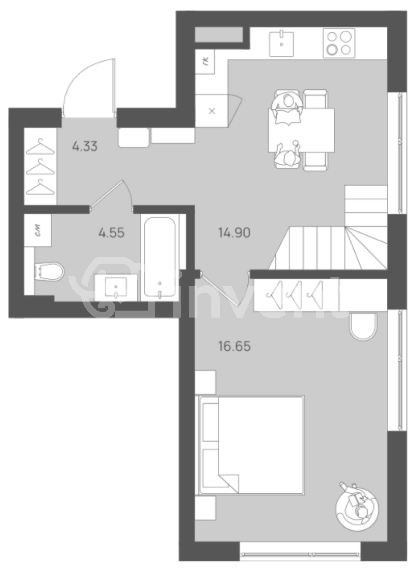 2-комнатная квартира, 55.5 м²