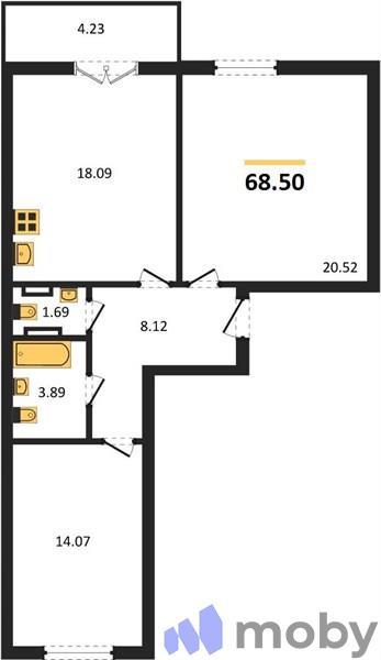 2-комнатная квартира, 68.5 м²