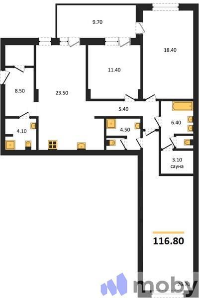 3-комнатная квартира, 116.8 м²