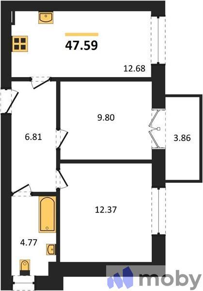 2-комнатная квартира, 47.6 м²