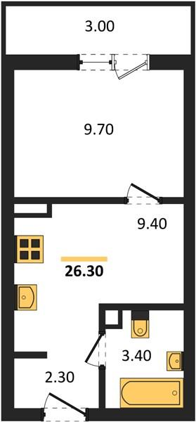 1-комнатная квартира, 26.3 м²