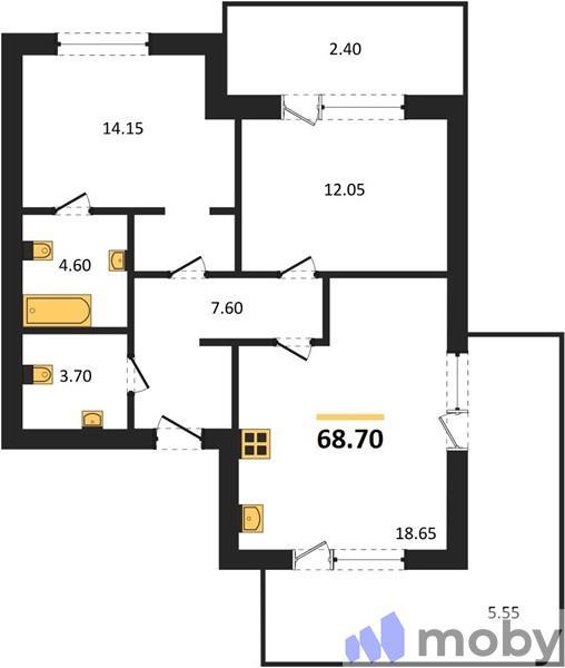 2-комнатная квартира, 68.7 м²