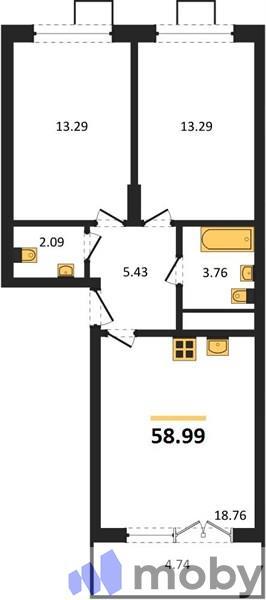 2-комнатная квартира, 59.0 м²