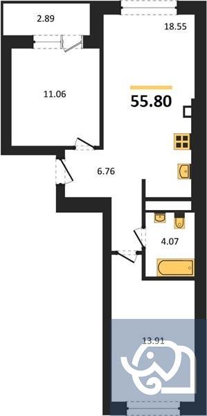 2-комнатная квартира, 55.8 м²