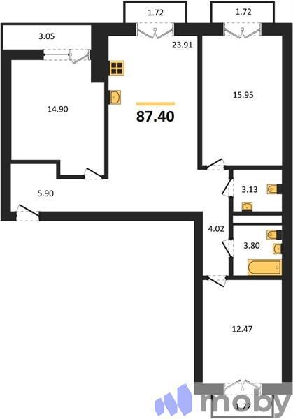 3-комнатная квартира, 87.4 м²