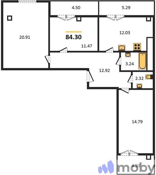 3-комнатная квартира, 84.3 м²