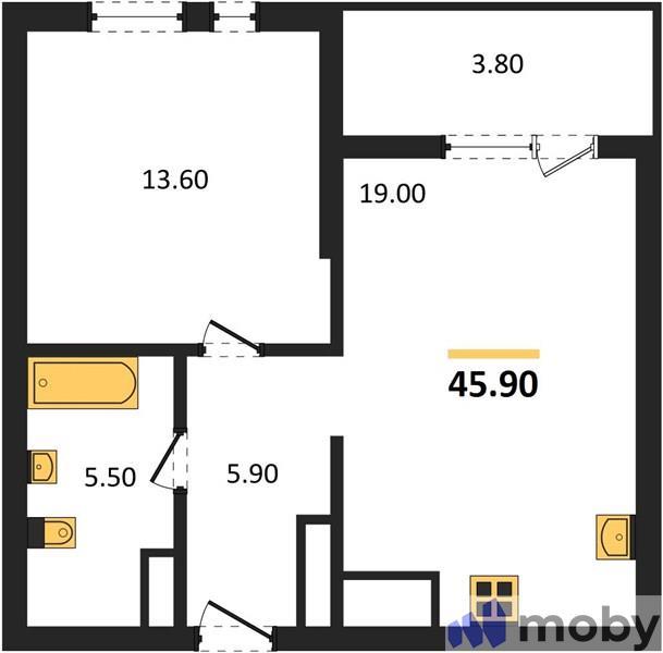 1-комнатная квартира, 45.9 м²