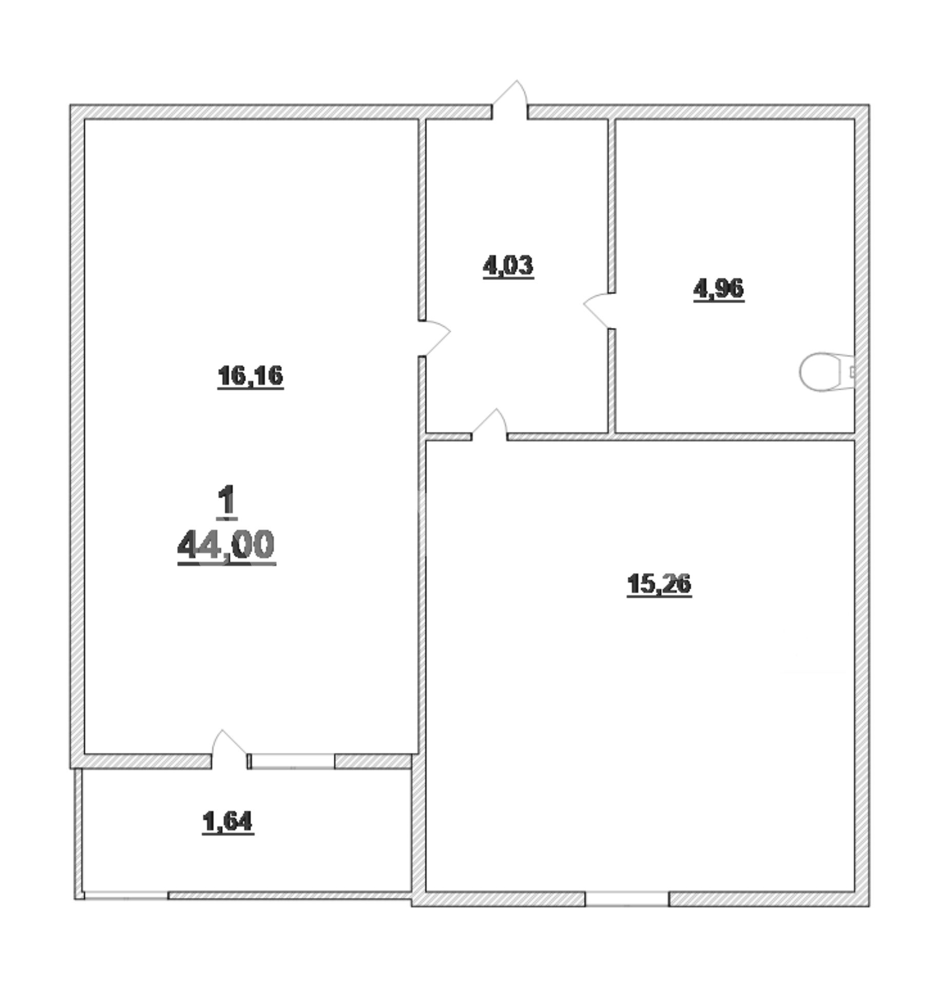 1-комнатная квартира, 44.0 м²