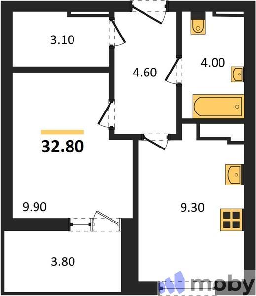 1-комнатная квартира, 32.8 м²