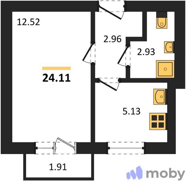 1-комнатная квартира, 24.1 м²