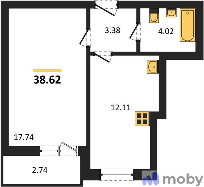 1-комнатная квартира, 38.6 м²