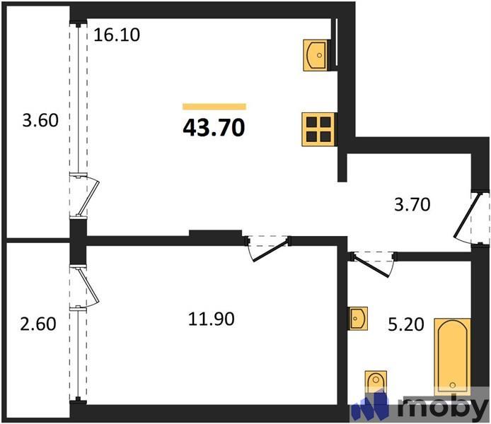 1-комнатная квартира, 43.7 м²