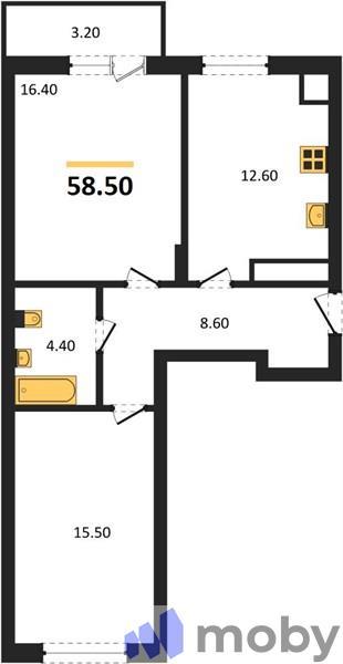 2-комнатная квартира, 58.5 м²