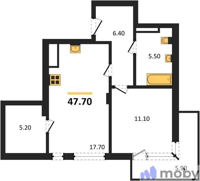 1-комнатная квартира, 47.7 м²