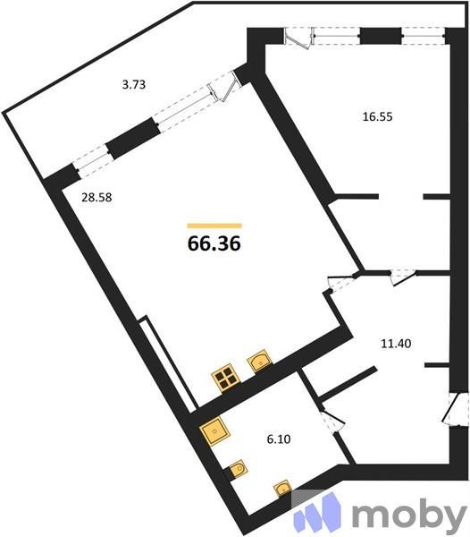 1-комнатная квартира, 66.4 м²