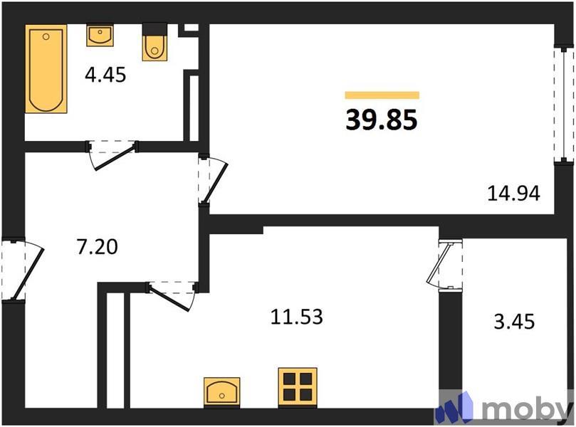 1-комнатная квартира, 39.9 м²