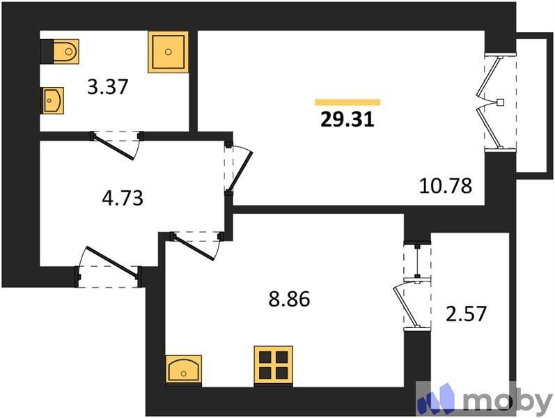 1-комнатная квартира, 31.3 м²