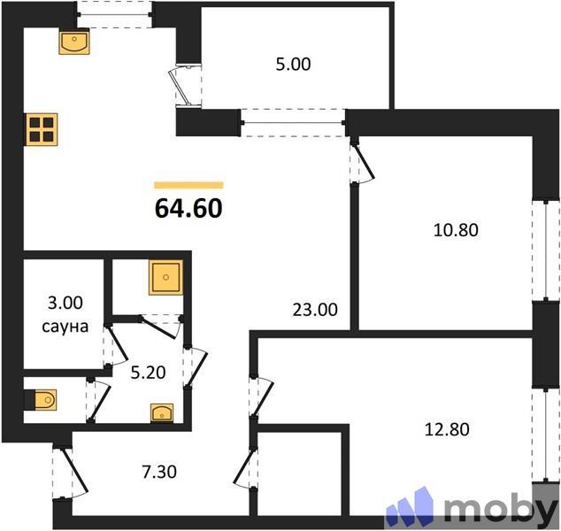 2-комнатная квартира, 64.6 м²