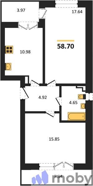 2-комнатная квартира, 58.7 м²