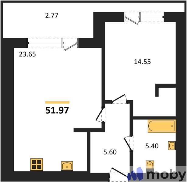 1-комнатная квартира, 52.0 м²