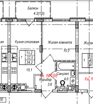 1-комнатная квартира, 34.2 м²
